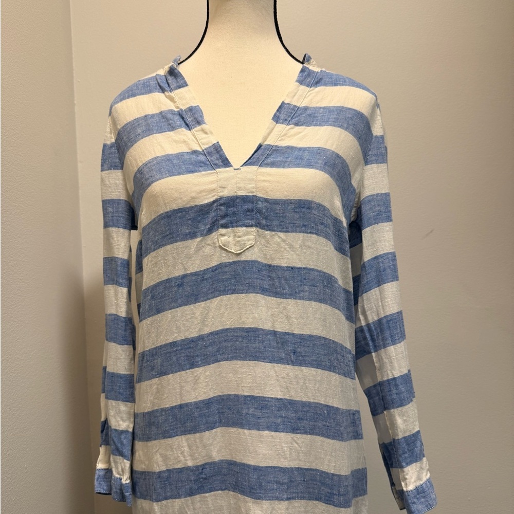 JCrew Linen Striped Blue and White Women's Top